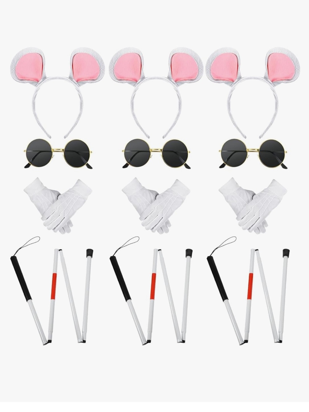 Three Blind Mice Costumes Mouse Ears Headband with White Gloves & White Cane - Picture 2 of 8